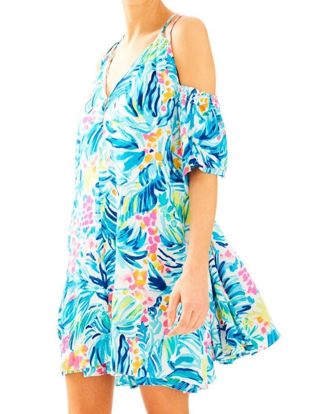 Lilly Pulitzer Bellamie Cold Shoulder Flowy Swing Floral Mini Dress Size XS
